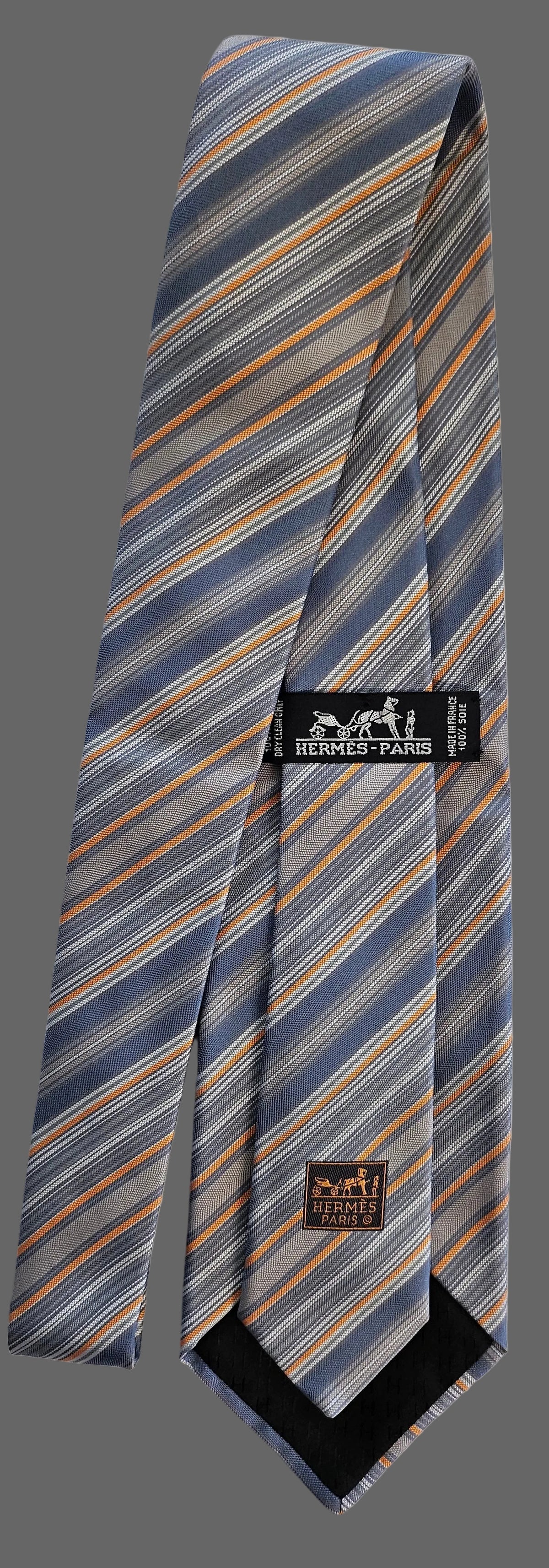 Krawatte Hermès Blau/Grau/Orange Streifen Reine Seide