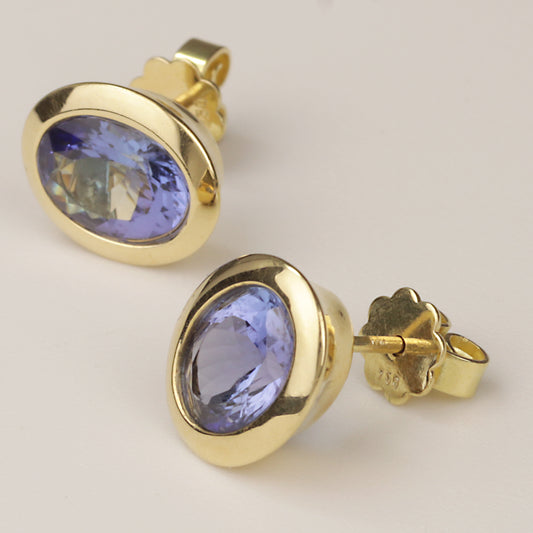 Tansanit Ohrstecker Zargenfassung 750/- Gelbgold