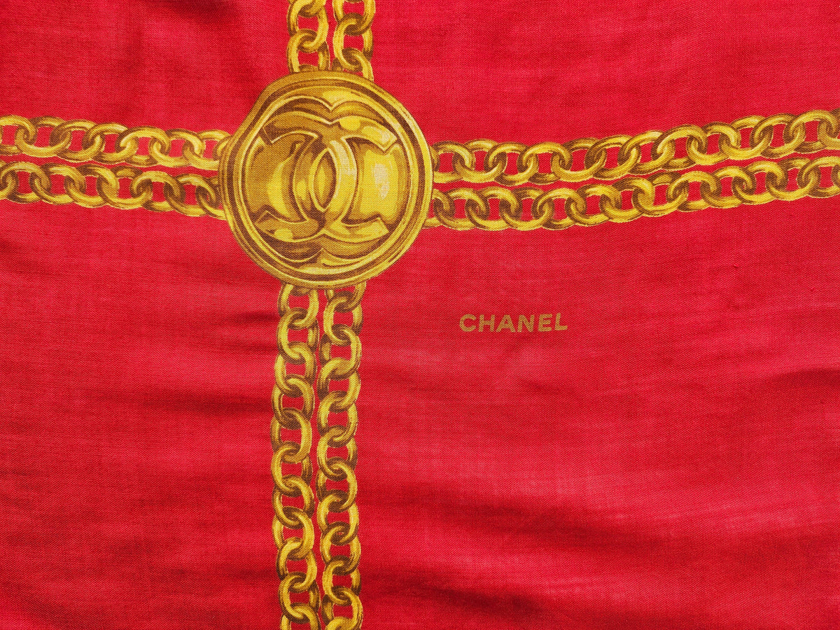 Chanel-Tuch  Wolle-Seide Motiv Goldketten rot/gold 130 cm x 130 cm