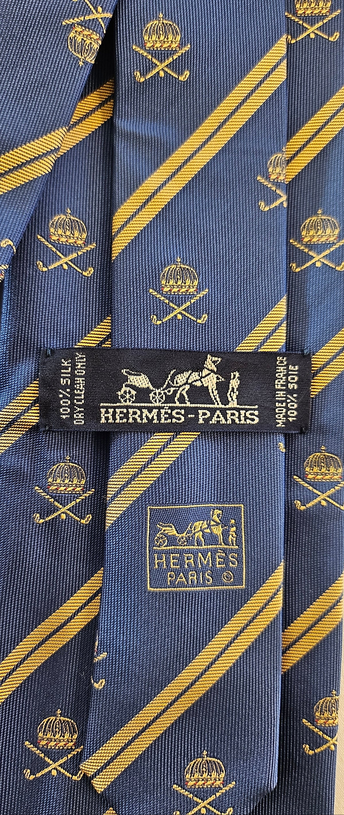 Krawatte Hermès Motiv Krone + Poloschläger Blau Reine Seide