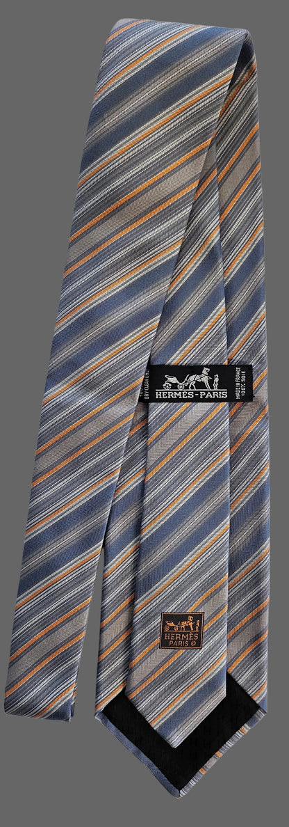 Krawatte Hermès Blau/Grau/Orange Streifen Reine Seide