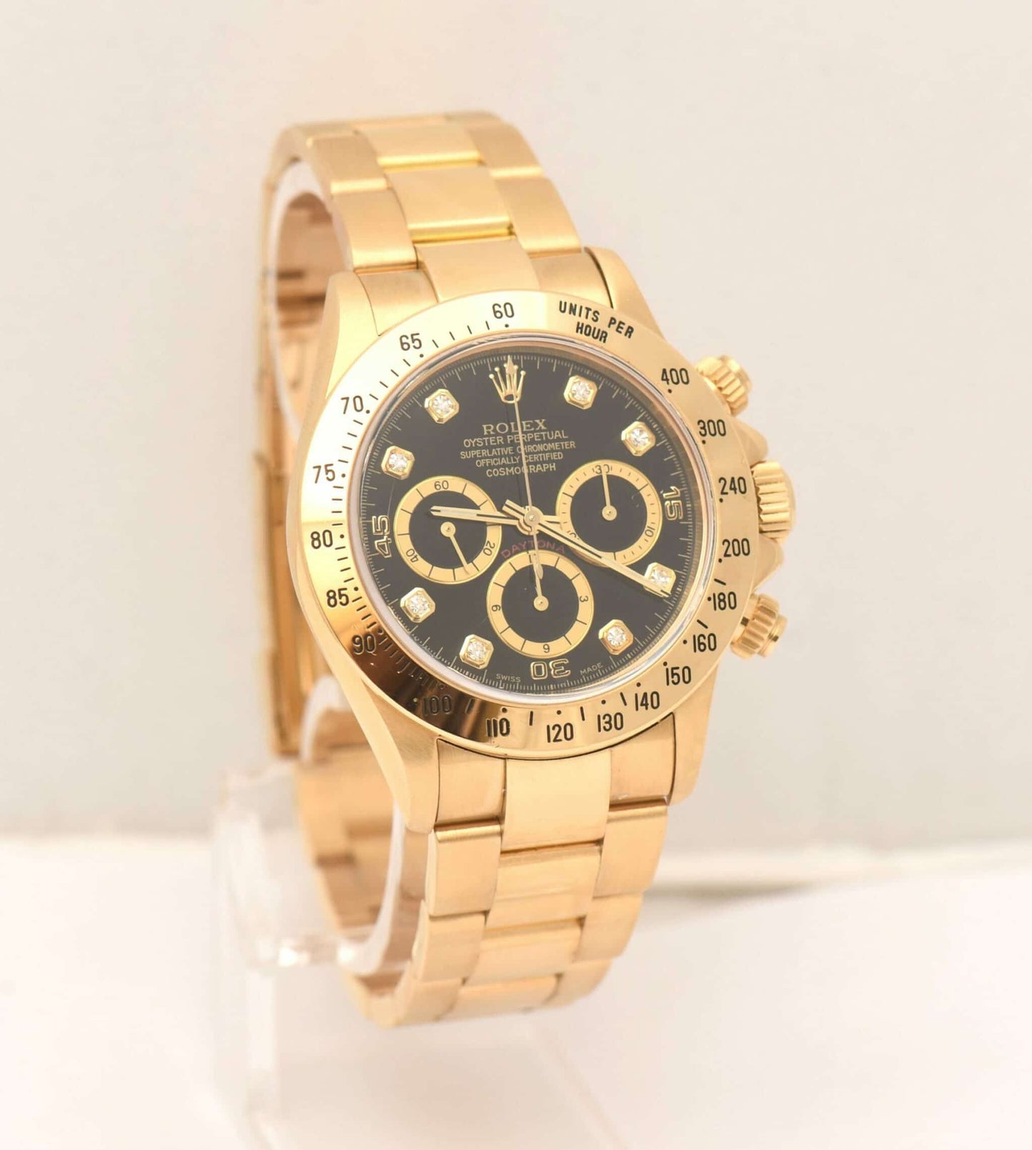 Rolex Daytona inverted 6 Gold Diamant Uhr 16528 Chronograph Box, Rolex Revisionskarte Top Zustand