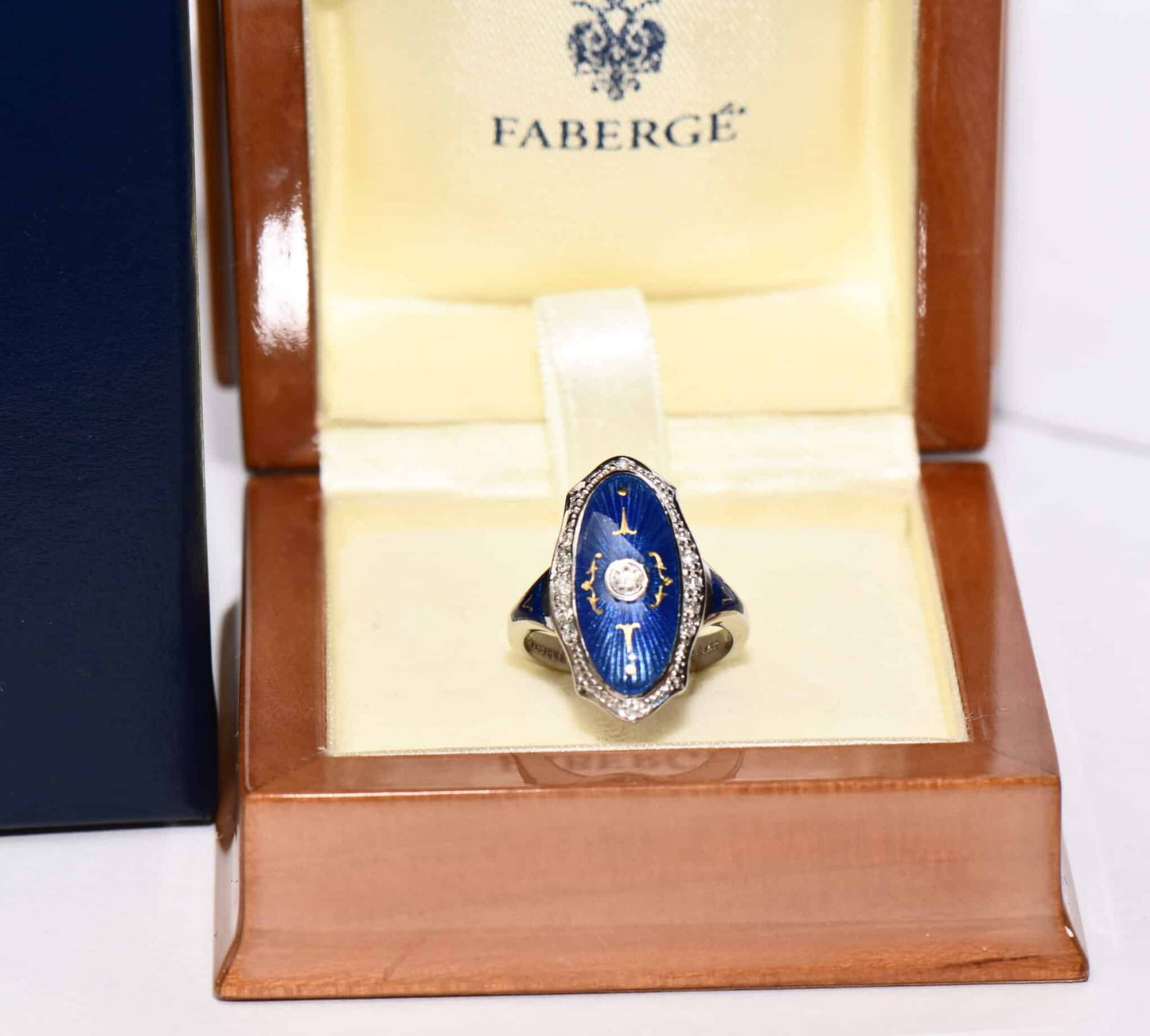 original Fabergé Brillant 750er Gold Ring Emaille blau