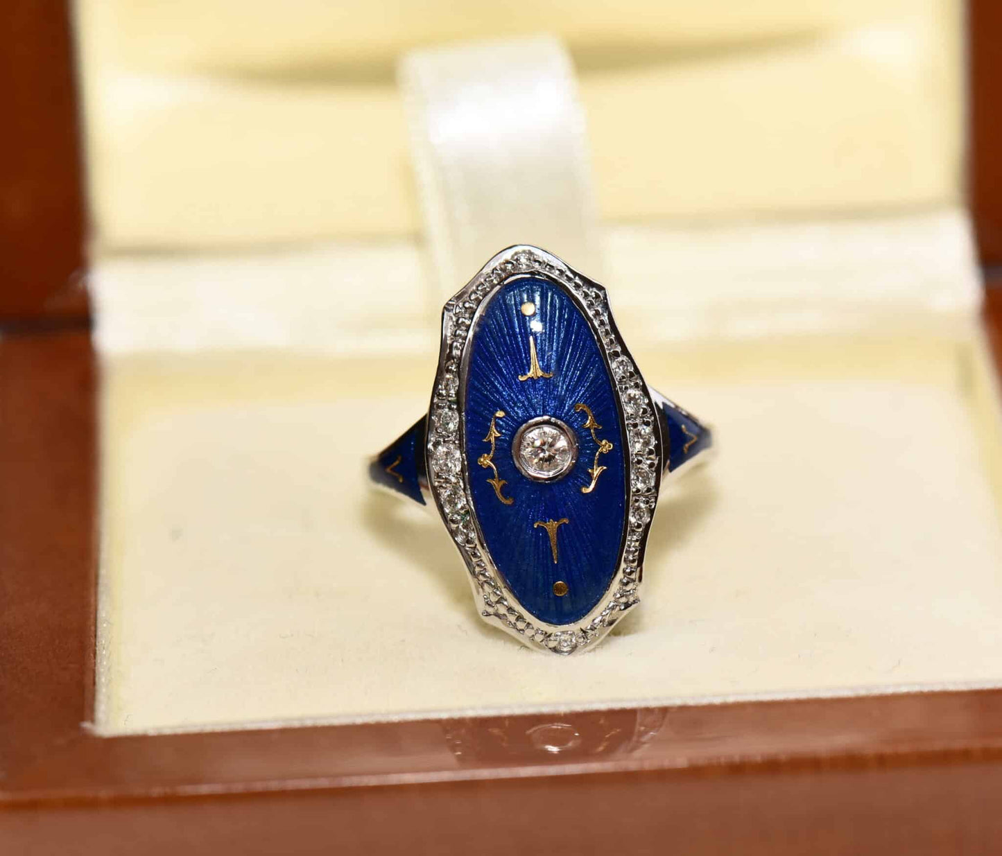 original Fabergé Brillant 750er Gold Ring Emaille blau