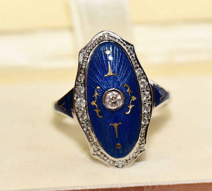 original Fabergé Brillant 750er Gold Ring Emaille blau