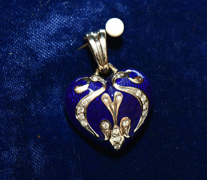 eleganter Fabergé Brillant Herz Gold Ketten Anhänger blau Emaille NEU