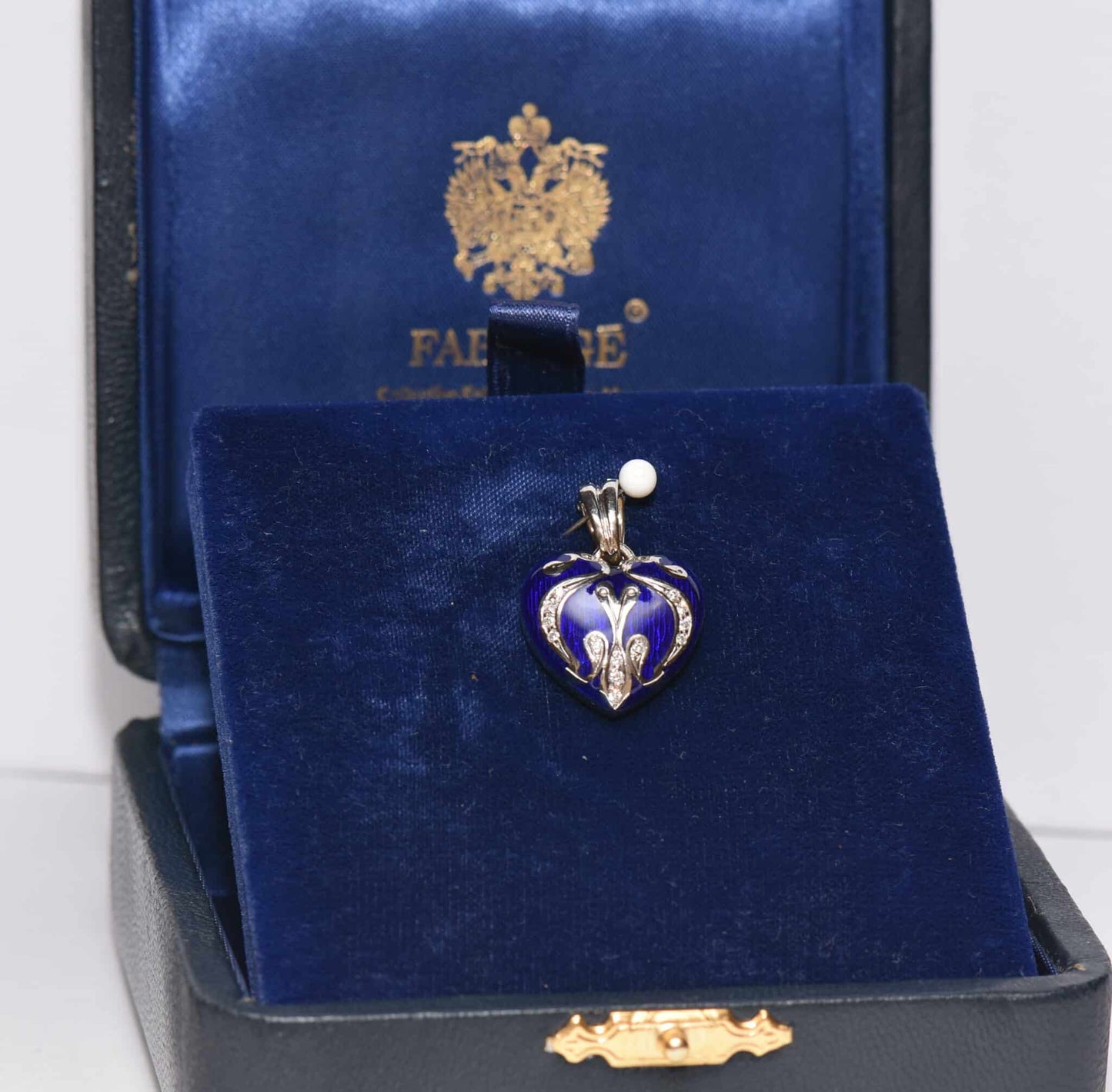 eleganter Fabergé Brillant Herz Gold Ketten Anhänger blau Emaille NEU