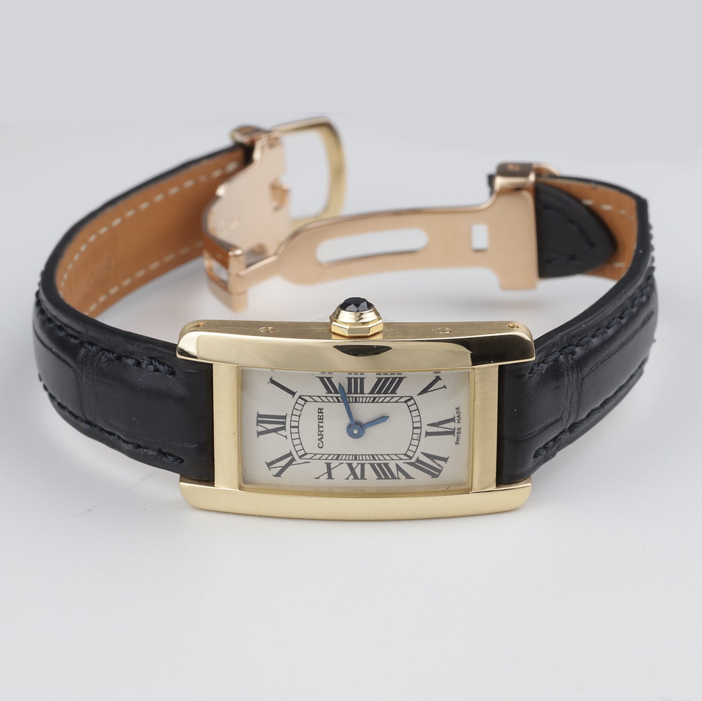 Cartier | Tank Américaine | Damen Uhr am Lederband mit Faltschließe | 750/- Gold