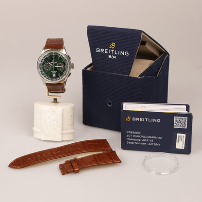 Breitling Premier B01 Chronograph AB0145 Edelstahl Lederband Box + Papiere
