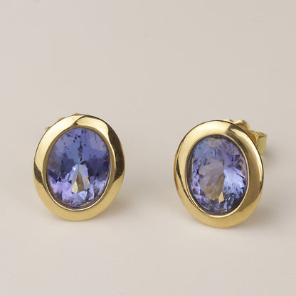 Tansanit Ohrstecker Zargenfassung 750/- Gelbgold
