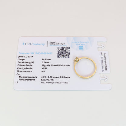 Solitär Ring 750/- Gelbgold HRD Zertifikat 0,30 ct Brillant